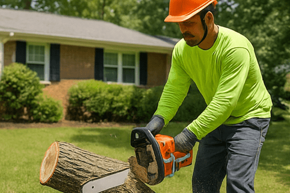 Tree removal crew safely cutting down a tree in a Norcross yard.