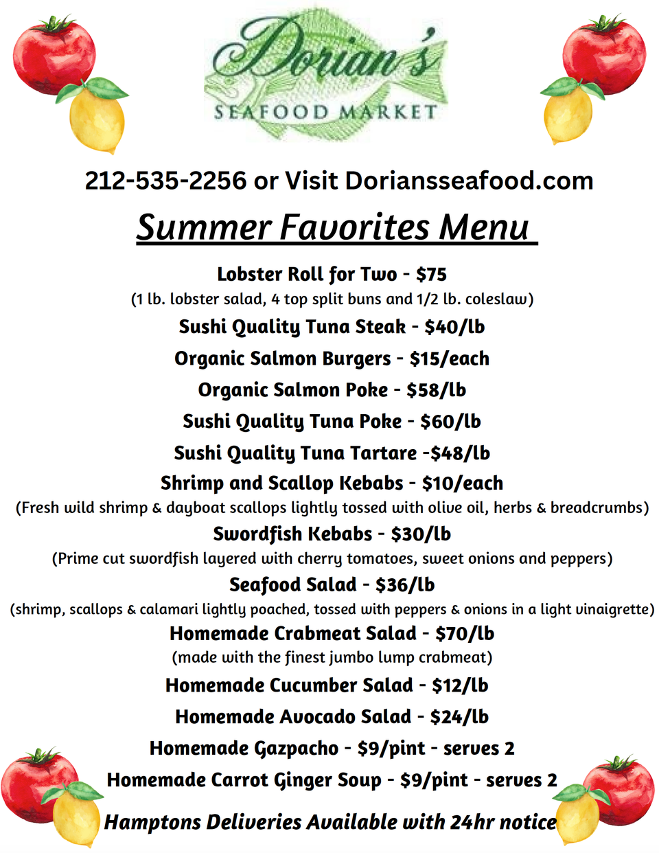 Summer favorites menu