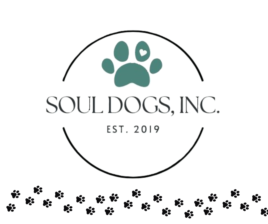 Soul Dogs, Inc Est 2019 logo with paw prints across the bottom