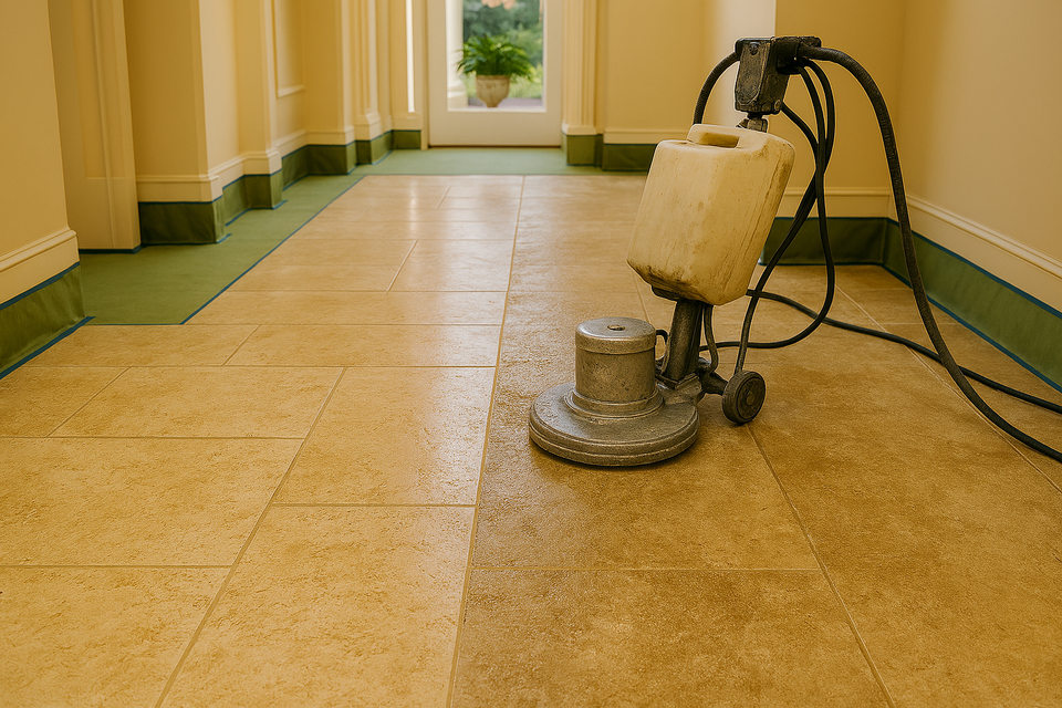 Travertine floor restoration with professional polishing machine and clear contrast between cleaned and uncleaned tiles