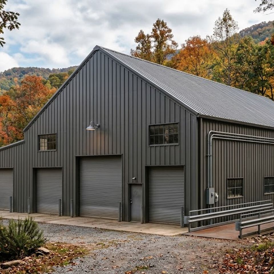 Dark gray steel building with four roll up bay doors surrounded by fall foliage in East Tennessee