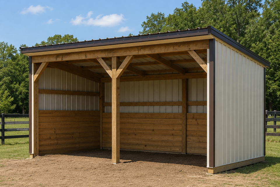 Open front loafing shed with wood and metal siding on an East Tennessee pasture