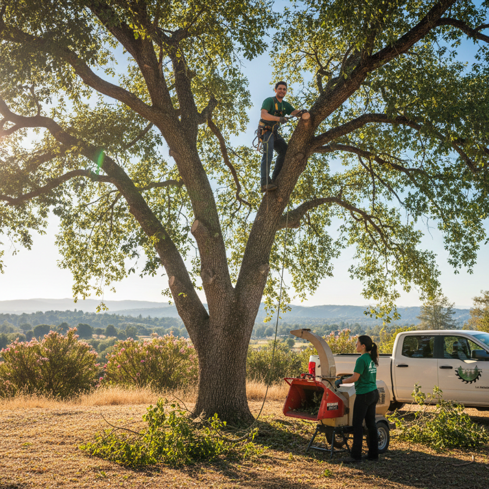 Professional tree care team pruning a large heritage oak tree in the El Dorado Hills foothills using a wood chipper and safety rigging, representing Alta Vista Landscaping & Tree Service.