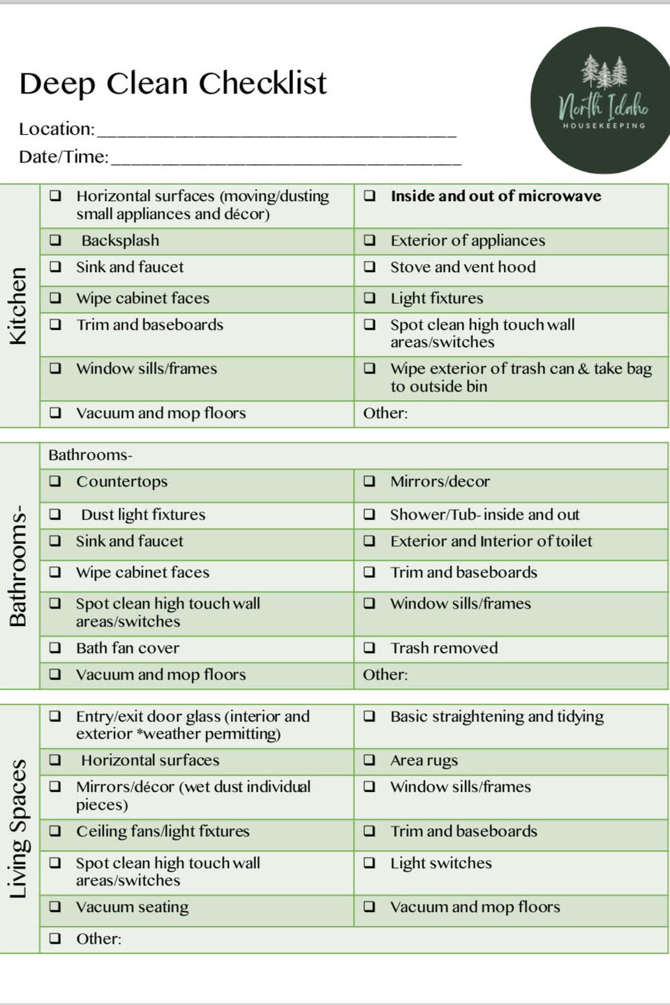 Ni housekeeping checklist