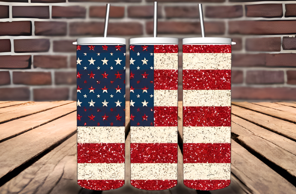 Custom insulated tumbler featuring a glitter American flag design displayed from multiple angles.