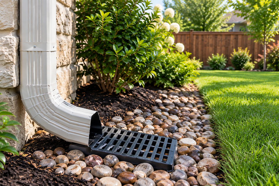 Downspout rock bed drainage landscape