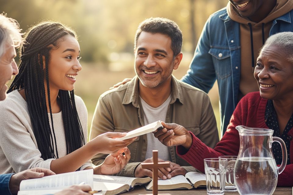 People sitting around a table outdoors having a bible discussion.