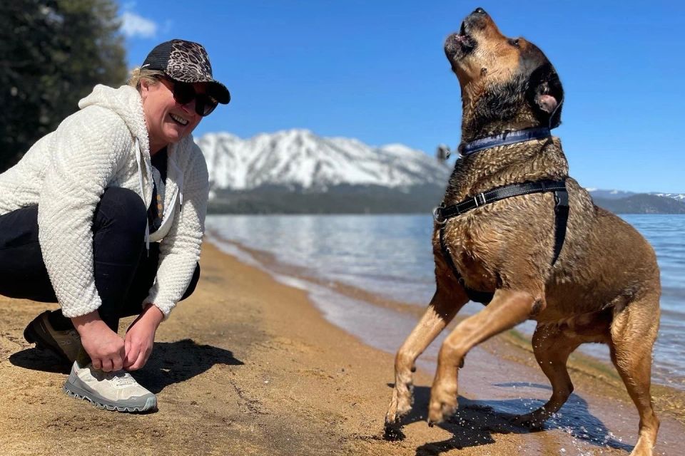 KPCopy and Gunther at the beach in front of the Valhalla at Lake Tahoe - first walk to the beach after KP broke her leg 