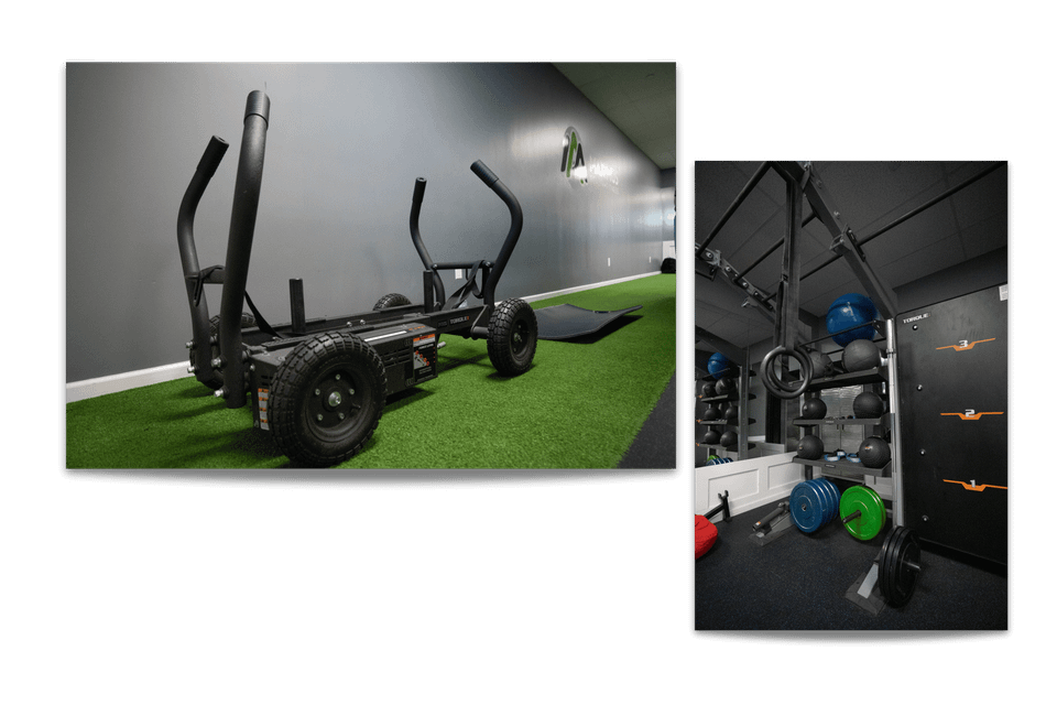 Side by side photos of the Torque M4 Sled and the wall ball in the functional training room at Maximus Gym in Riverhead