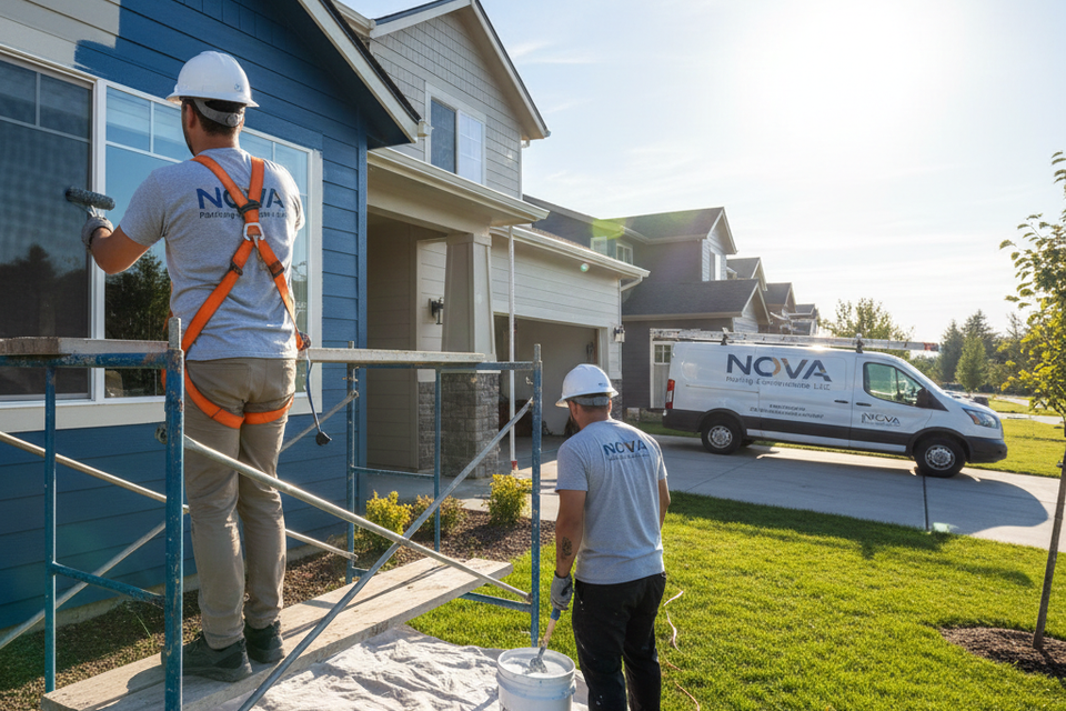 Nova Roofing + Construction LLC professional painter using a roller to apply fresh blue paint to a residential home's siding from a secure scaffolding platform.
