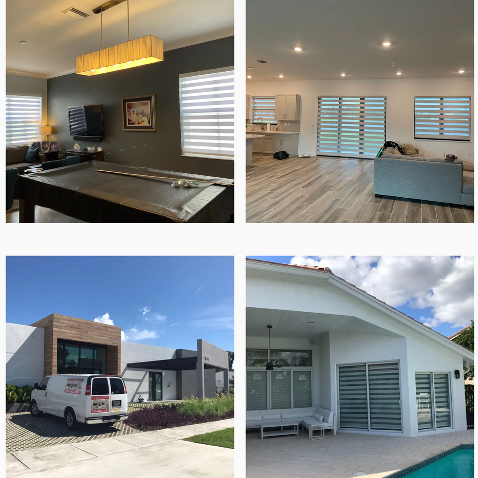 BJ&S Blinds installations featuring zebra shades in living rooms, company service van at a modern home, and zebra shades on patio doors by the pool