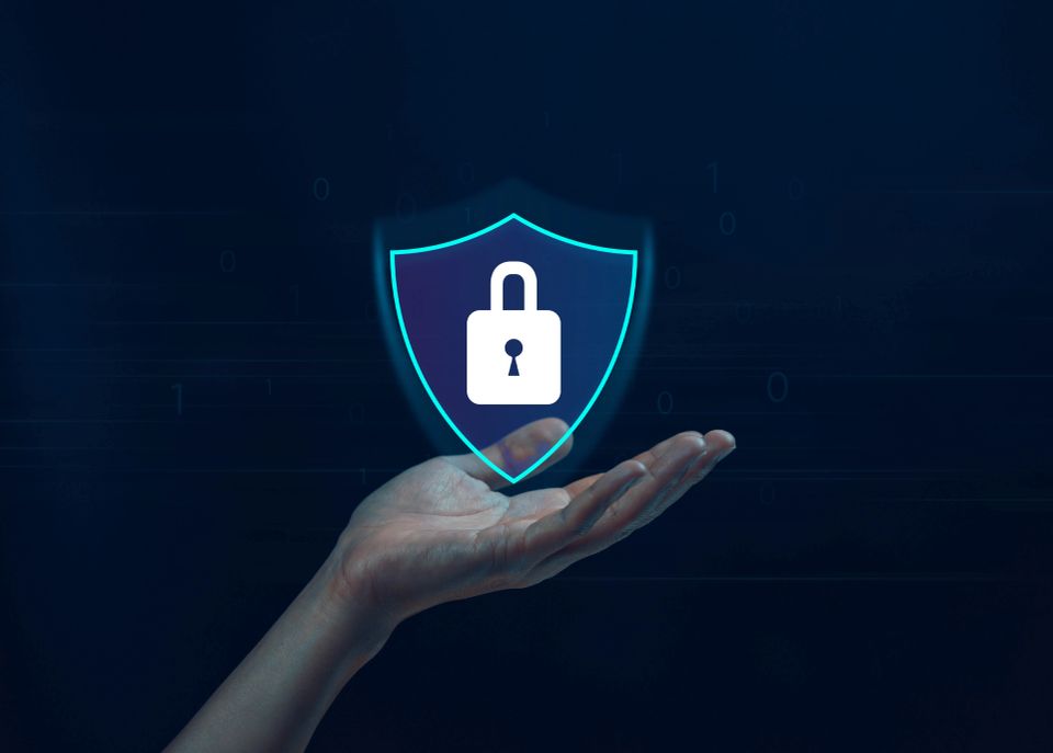 A person holding a Lock mark secure data symbol representing website security