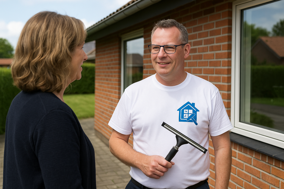Vinduespudser fra ParcelhusPudseren i samtale med kunde foran murstenshus