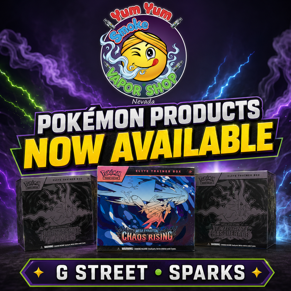Pokémon tcg mega evolution chaos rising elite trainer boxes available at yum yum vapor and head shop on g street in sparks  nevada