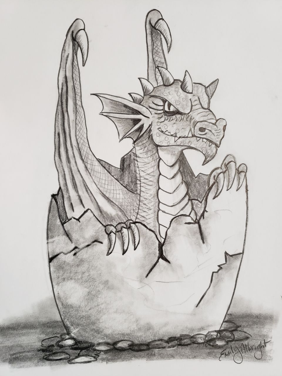 Baby Dragon Hatching from Egg drawing by artist Emily Albright