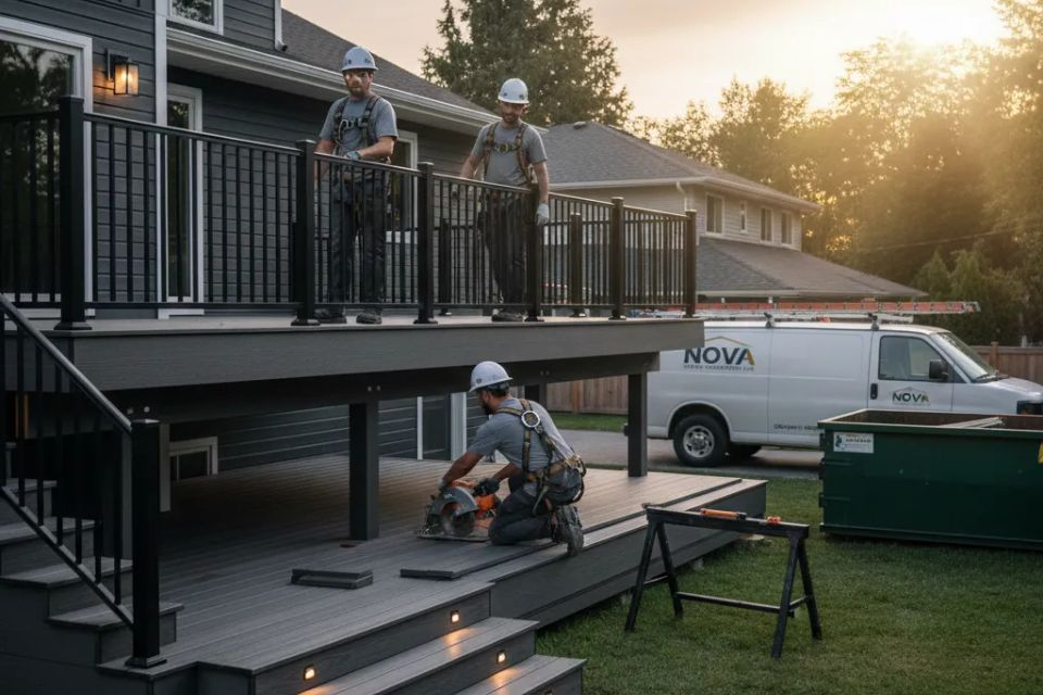 Professional deck builders from Nova Roofing + Construction LLC installing modern black aluminum railings and weather-resistant composite stairs on a new residential deck project.