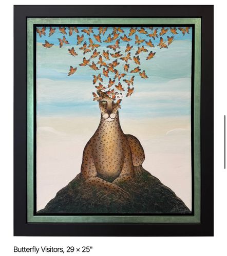 Butterfly Visitors artwork featuring a leopard surrounded by monarch butterflies