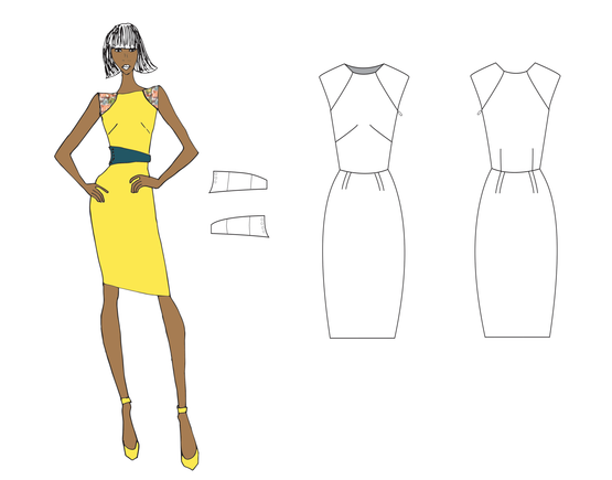 sketch of fashion model wearing a yellow dress with yellow shoes