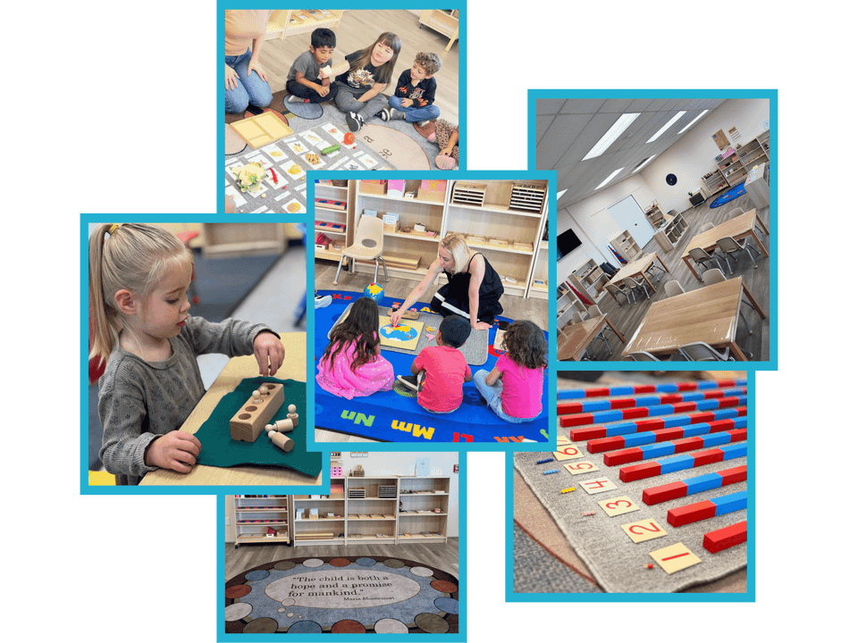 Photo collage of Montessori classrooms, materials, and children learning at a preschool in Palmdale CA
