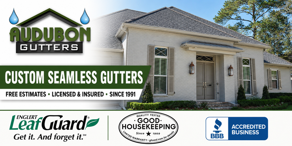 Audubon Gutters LeafGuard aluminum gutter system installed on a New Orleans home