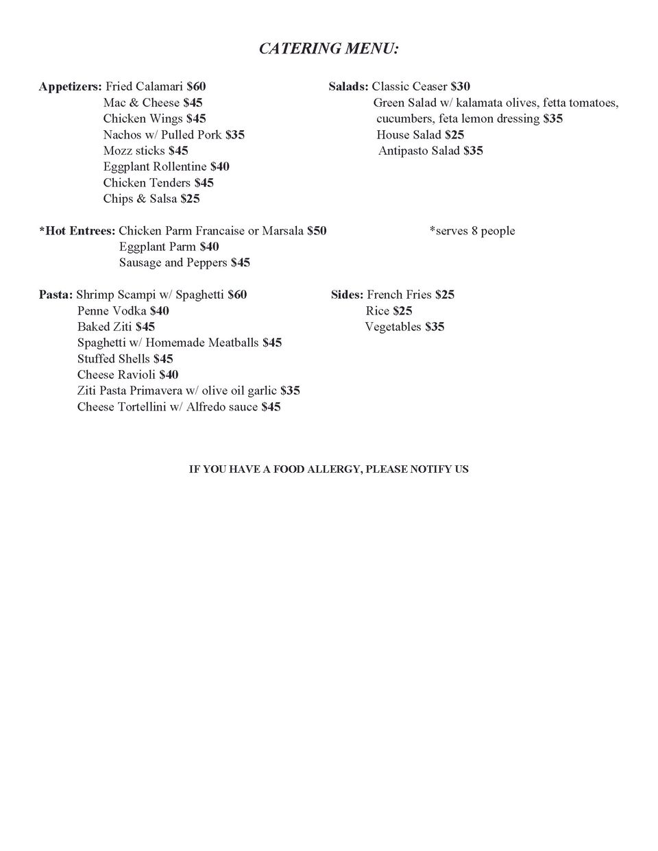 Catering menu