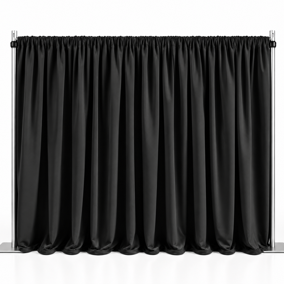 Black pleated pipe and drape curtain