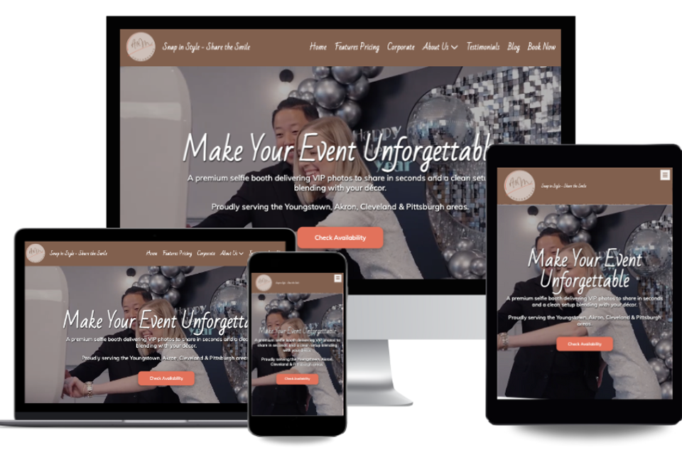 Photo booth rental website promoting event photography services and instant photo sharing for special events.