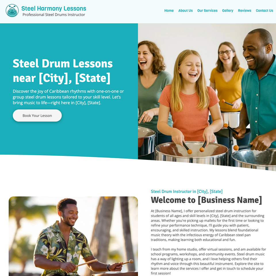 Steel drum lessons website design theme
