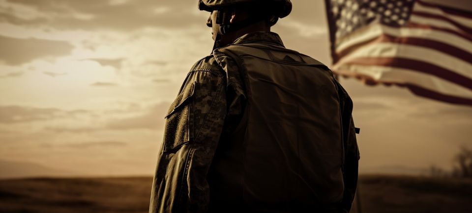 Standing army soldier salutes american flag sunset generated by ai