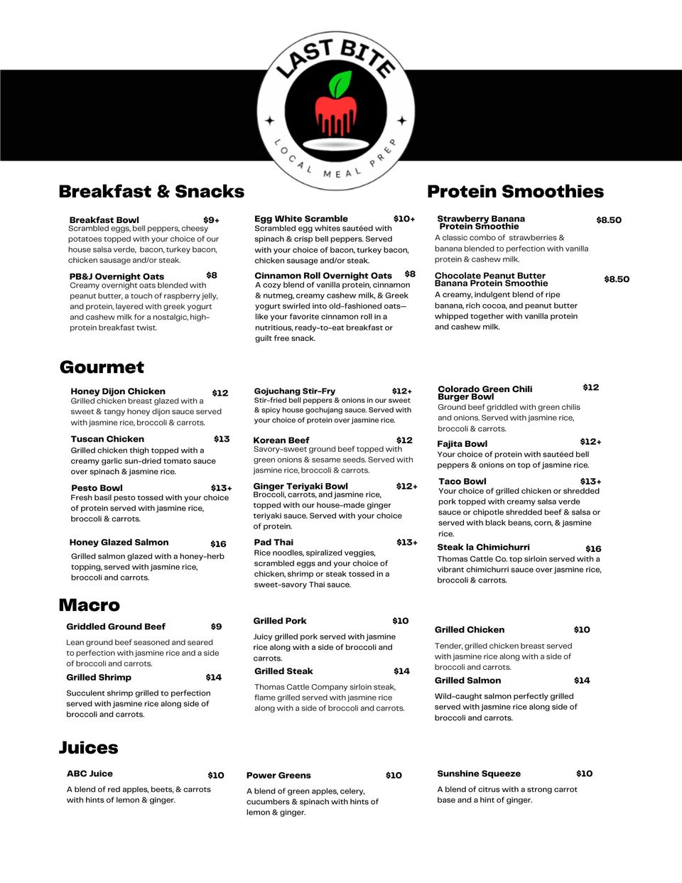 Elegant food menu