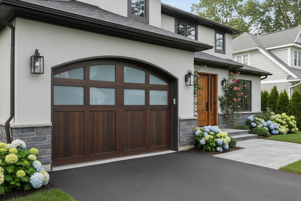 Luxury carriage-house style garage door installation featured in a contractor's digital portfolio on a high-end residential home.