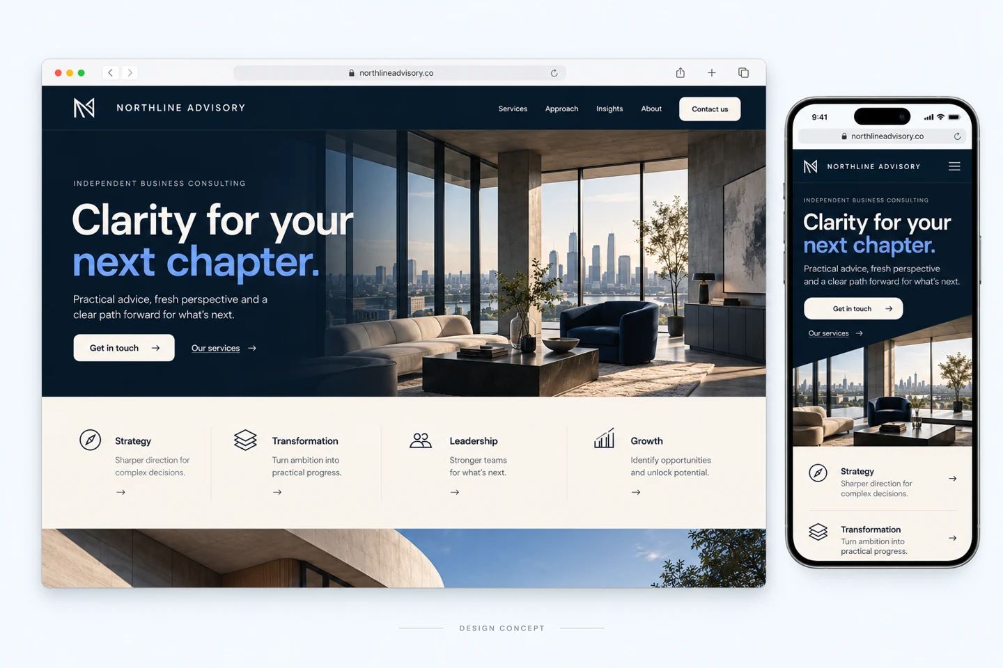 Professional-services website design concept, desktop and mobile