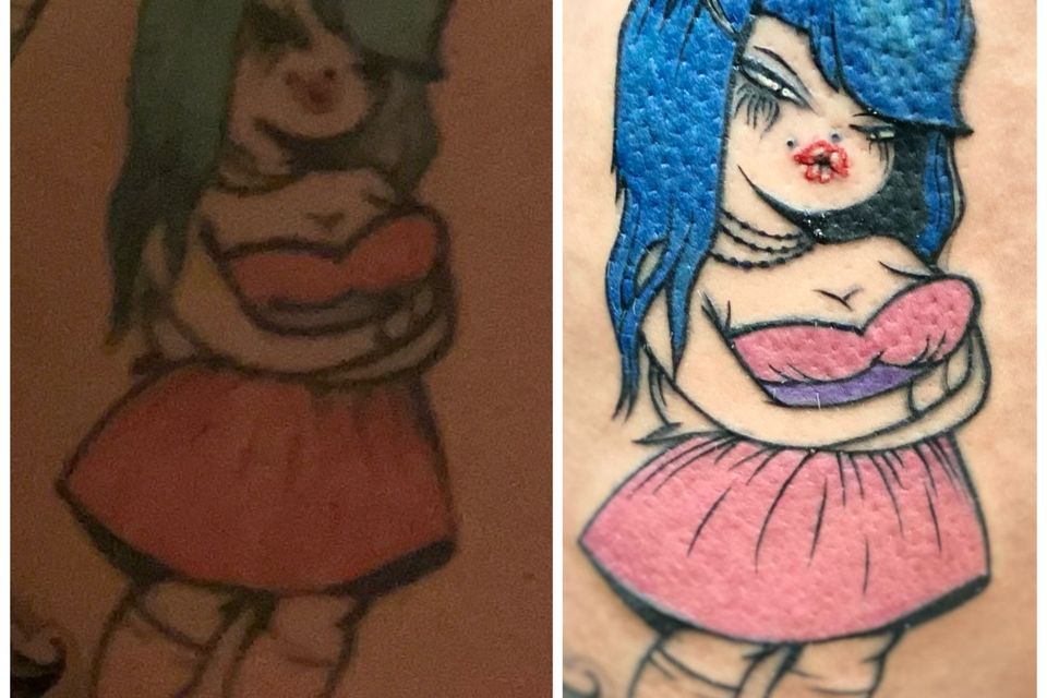 Image of a tattoo with 2 images of the same teen, with different color skirt, hair and background