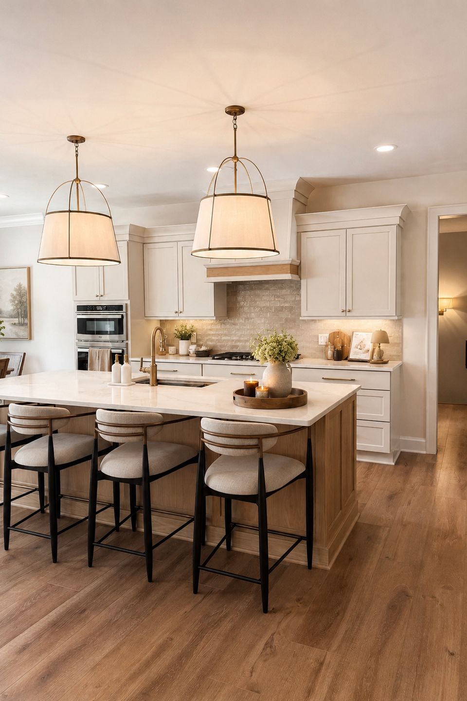 Custom kitchen with large island, white cabinetry and built-in storage in Hudson, Ohio