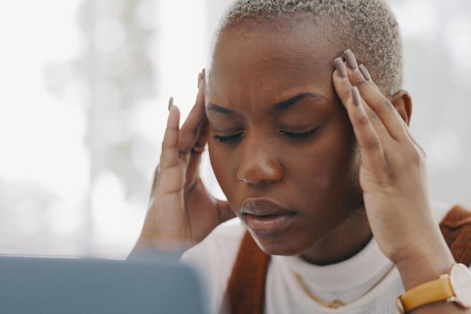 Stress burnout headache black woman laptop typing email office marketing company anxiety tired migraine employee frustrated thinking professional online response 590464 132452