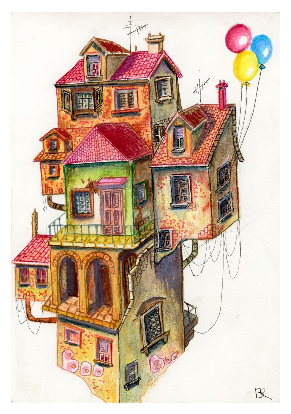 Whimsical illustration of stacked, colorful houses with red roofs and balconies, floating in the sky with red, blue, and yellow balloons. Surreal and playful.