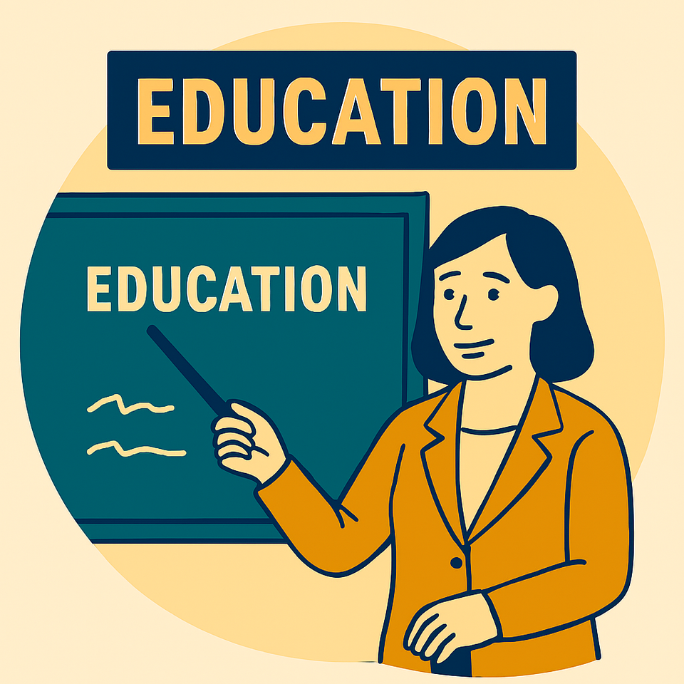 Teacher pointing to a blackboard with a pointer and educatin written on top in colors of orange blue and mustard1