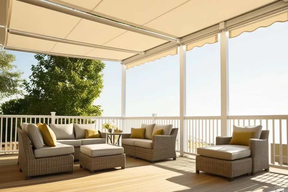Fabric awning over a deck with backyard outdoor furniture original