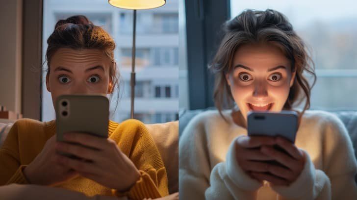 Split screen of a person looking at their phone in the shadows and then on the other screen brightly lit up with a smile on their face 