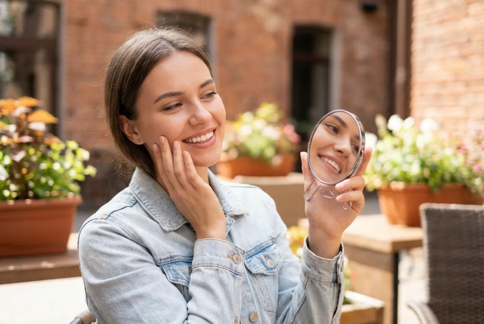 Smiling woman with glowing skin checking her complexion in a handheld mirror outside a beauty salon