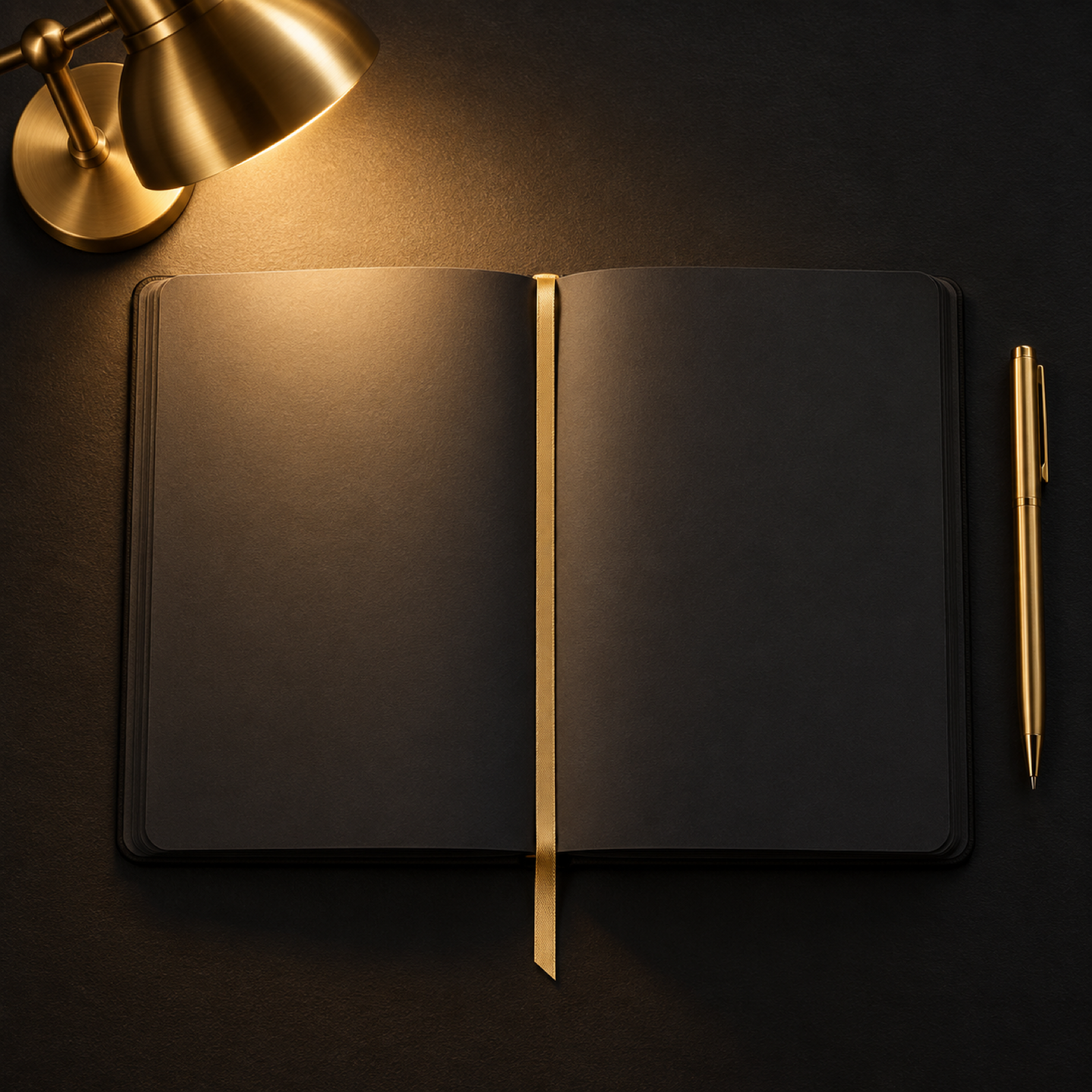 Open black notebook with a gold ribbon and pen under a brass lamp