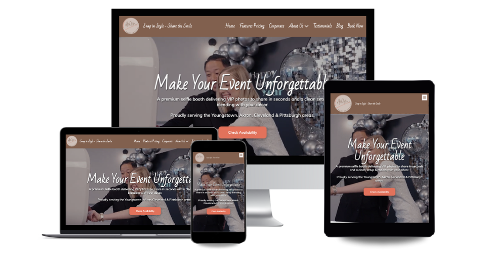 Photo booth rental website promoting event photography services and instant photo sharing for special events.