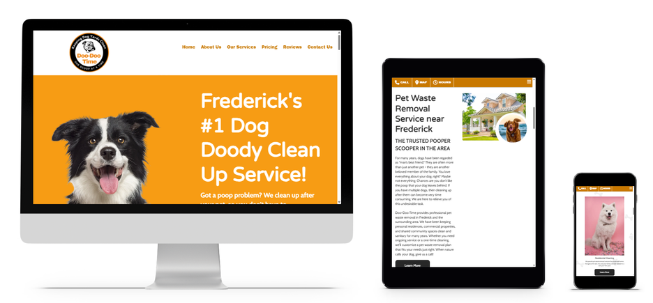 Doo-Doo Time pet waste removal website at FITCI in Frederick Maryland shown on desktop, tablet, and smartphone with bold design and dog cleanup service details.
