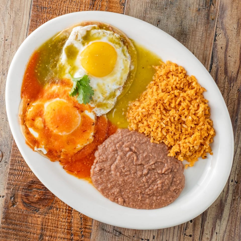 Eggs with red and green sauce