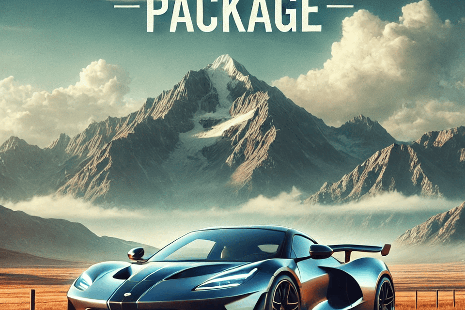 Dall·e 2024 09 15 06.33.31   a sleek sports car parked on an open road with a scenic mountain background  labeled sports car package