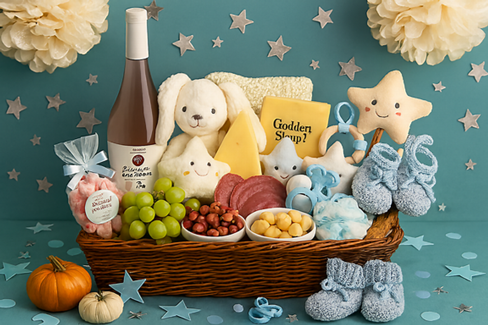 Baby shower gift basket on a teal background featuring wine, cheese, salami, crackers, grapes, mozzarella balls, candies, nuts, cotton candy, plush bunny, baby booties, pacifiers, rattles, and decorative stars and pom-poms. Babyshower