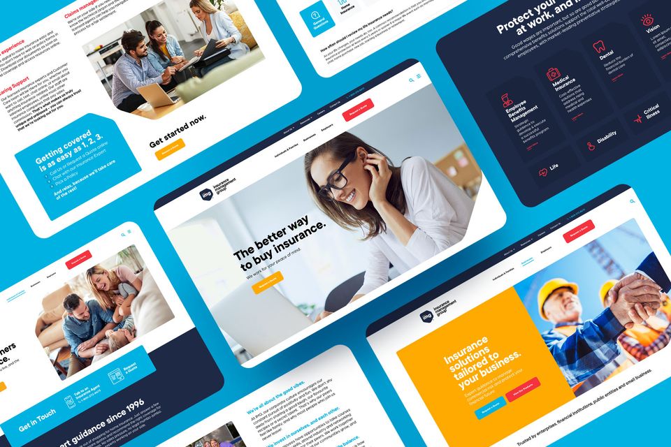 Mockups of an insurance company's website displayed on a blue background, featuring sections on business protection, family safety, and employee security, accompanied by images of people and clear call-to-action buttons.
