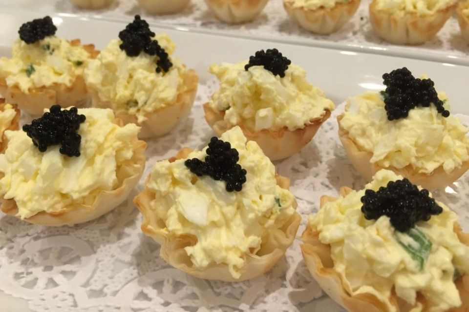 Classic creamy egg salad topped with caviar