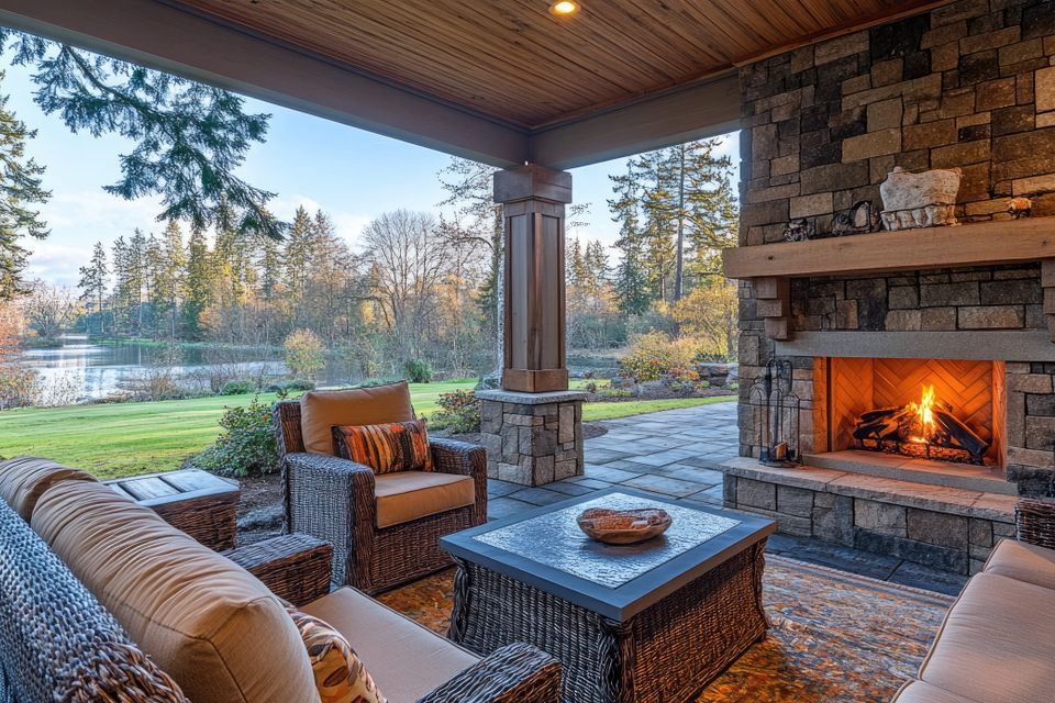 Covered patio with stone fireplace and outdoor seating overlooking a landscaped backyard