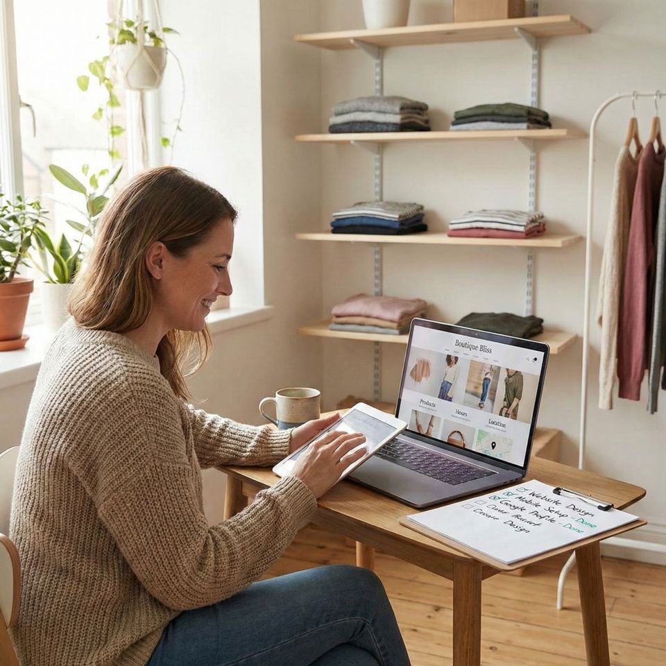 Cozy retail boutique office or back room where a relaxed shop owner sits